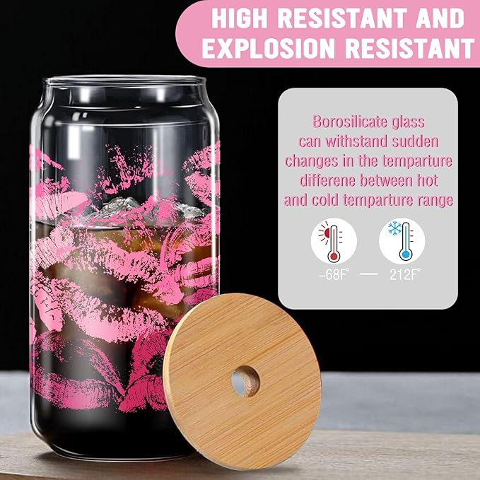 Aesthetic Pink Lipstick Tumbler - 16oz Iced Coffee Glass with Lid, Straw & Brush Set, Cute Coffee Bar Essentials, Elegant Gift Idea for Her, Ready to Gift, One Piece