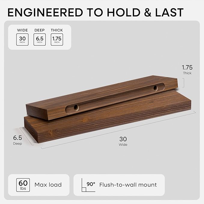 Homeforia Classic Walnut 30 inch Floating Shelf, High End Solid Real Wood Small 30inch Floating Shelves for Wall Mounted, 30in Floating Shelves, Heavy Duty Bracket, 30 X 6.5 X 1.75 inches, Set of 3
