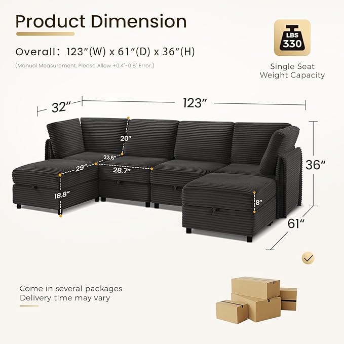 KKL Modular Sectional Sofa U-Shaped 6 Seater Couch with Storage Ottoman, Convertible L-Shaped Plush Wide-Wale Corduroy Couch for Living Room, Apartment, Modern Design, Black