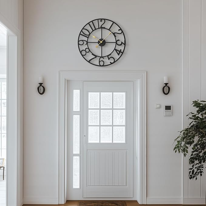 Cuspin Large Wall Clock, 24 Inch Black Decorative Wall Clock for Living Room, Modern Metal Battery-Operated Arabic Numerals Round Clocks Silent Non Ticking for Kitchen Mantel Bedroom Office