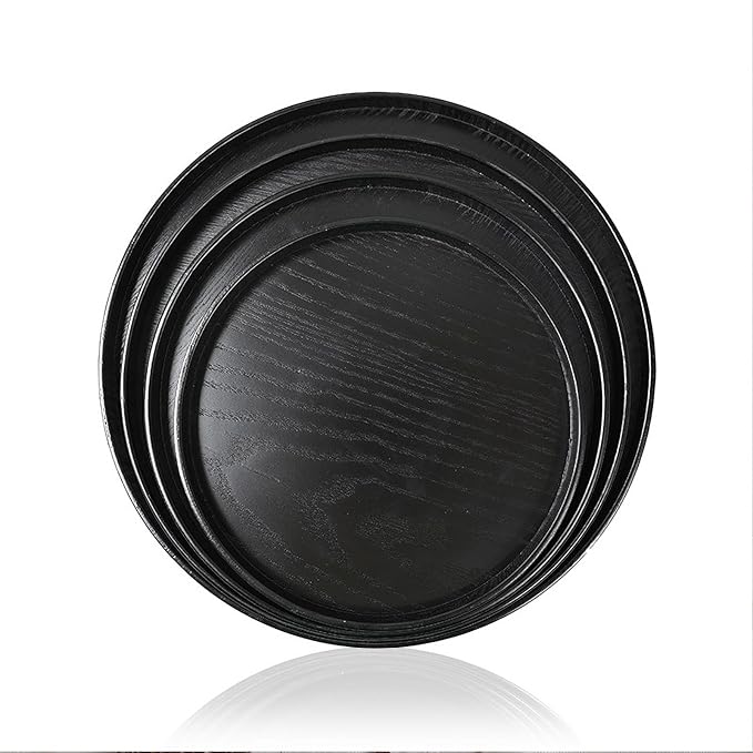 Round Wood Serving Tray, Solid Wooden Decorative Tray Non-Slip Tea Coffee Table Tray Snack Plate Food Meals Serving Tray with Raised Edges for Home Decor Kitchen Restaurant (8.2inch, Black)