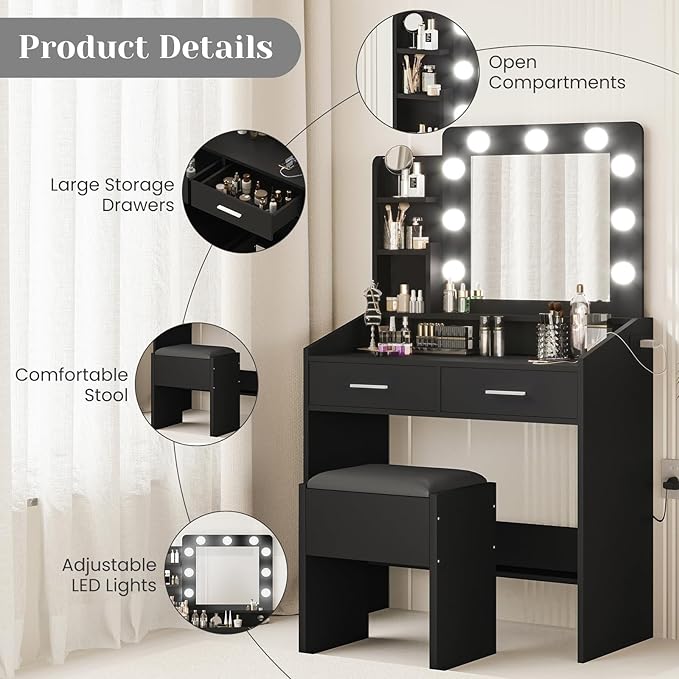 Vanity Desk with Mirror and Lights for Bedroom, Black Modern Makeup Table with 2 Drawers, 3 Light Modes & Dimmable LED, Includes Stool