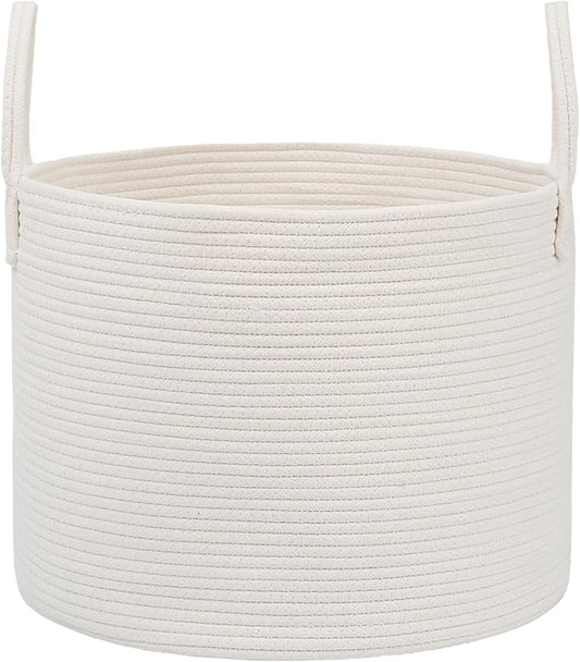 Woven Blanket Basket,65L Large Rope Storage Bin with Handles, Organizer for Blankets Toys Book and Clothes, Laundry Basket for Living Room Bedroom Nursery,White