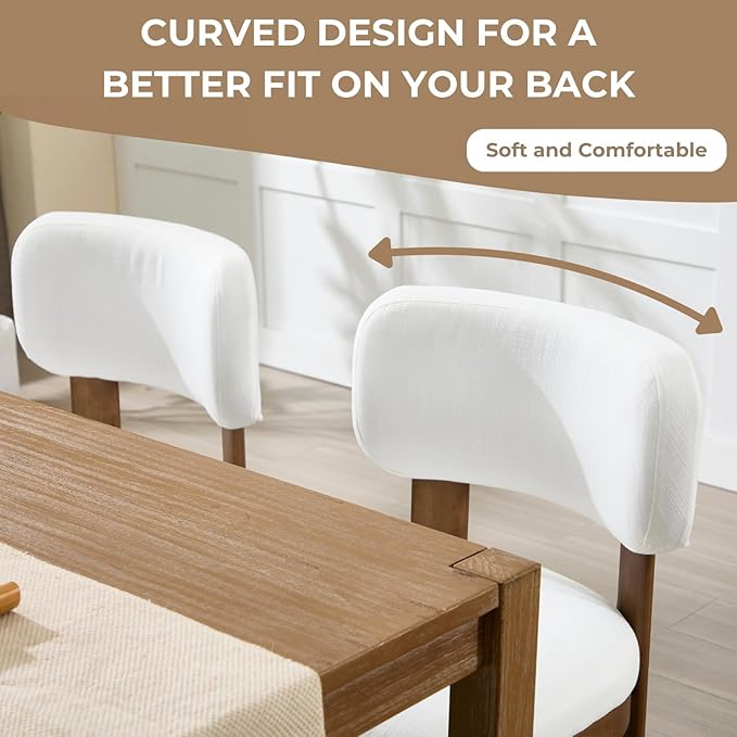 Beige Dining Chairs Set of 6 Mid Century Modern Upholstered Dining Room Chairs with Curved Backrest and Wooden Legs for Kitchen Island, Dining Room