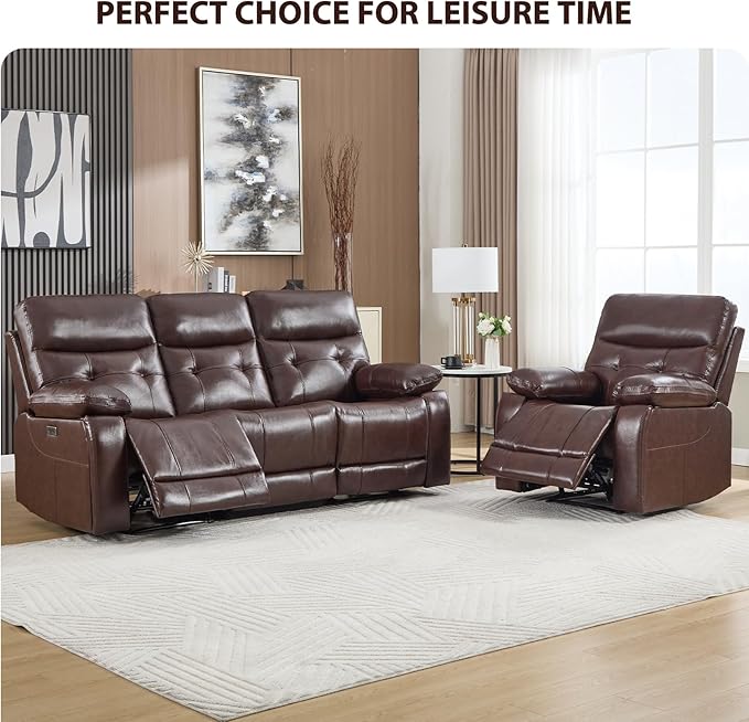 CANMOV Genuine Leather Power Recliner Sofa Set,Power Recliner Chair and Sofa Set, 2 Pieces Leather Couch with Storage Console, USB Ports, Cup Holders for Living Room,Dark Brown