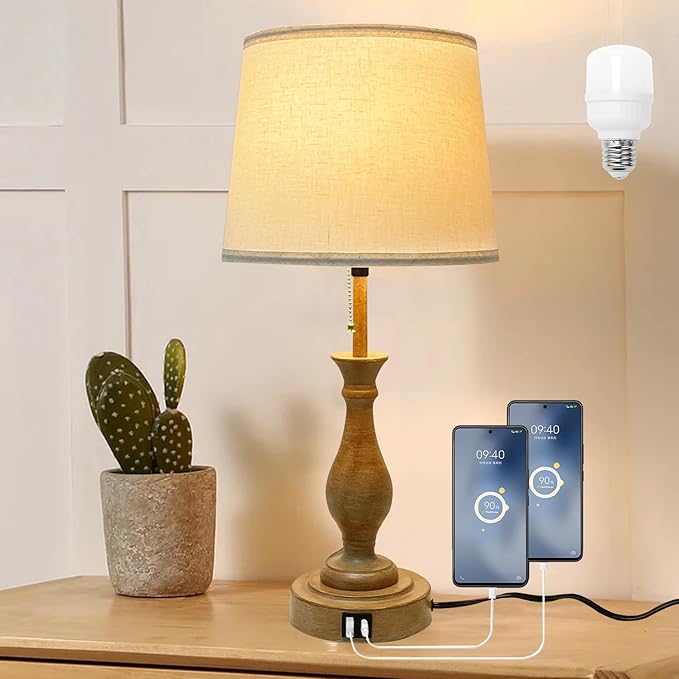 Farmhouse Table Lamp 3-Way Dimmable Table Lamp, Modern Nightstand Lamp with 2 USB Port Pull Chain Bedside Desk Lamp with Fabric Shade for Living Room Bedroom Hotel (Pack 1-Beige Shade & Pull Chain)