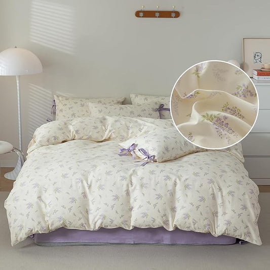 Purple Floral Duvet Cover Queen 3 Piece Cotton Flower Botanical Duvet Cover Vintage Style Lilac Floral Comforter Cover Girls Cottagecore Bedding Sets 1 Queen Duvet Cover with 2 Bow Ties Pillowcases