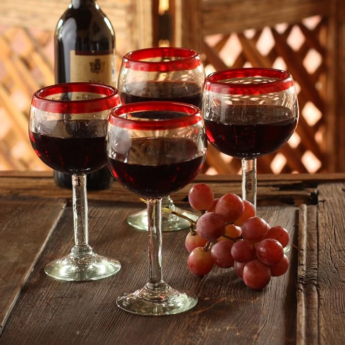NOVICA Hand Blown Clear Red Recycled Glass Wine Glasses, 12 Oz 'Ruby Globe' (Set Of 4)