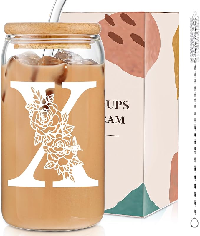Christmas Gifts for Women: Initial Glass Cup as Office Graduation Memorial Holiday Personalized Gifts - for Mom Grandma Wife Girlfriend Sister Daughter Friend Christmas Gifts - X Aesthetic Cup