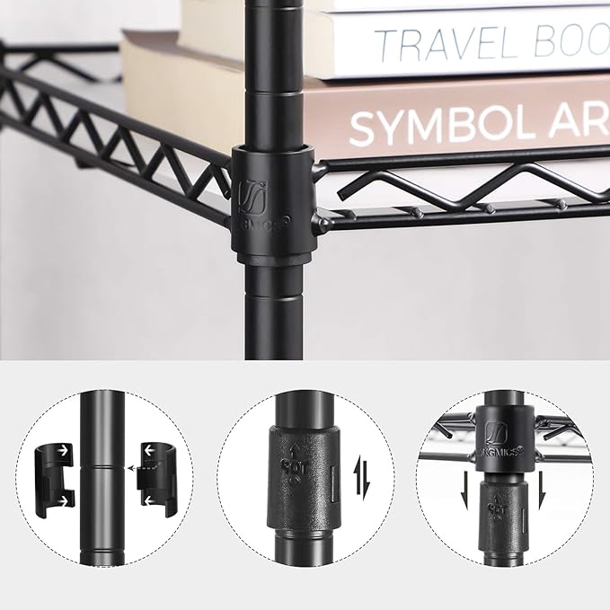 SONGMICS 4-Tier Bathroom Shelf, Storage Rack for Small Space, with 4 PP Shelf Liners, Removable Hook, Extendable Design, Ink Black and Translucent ULGR104B01