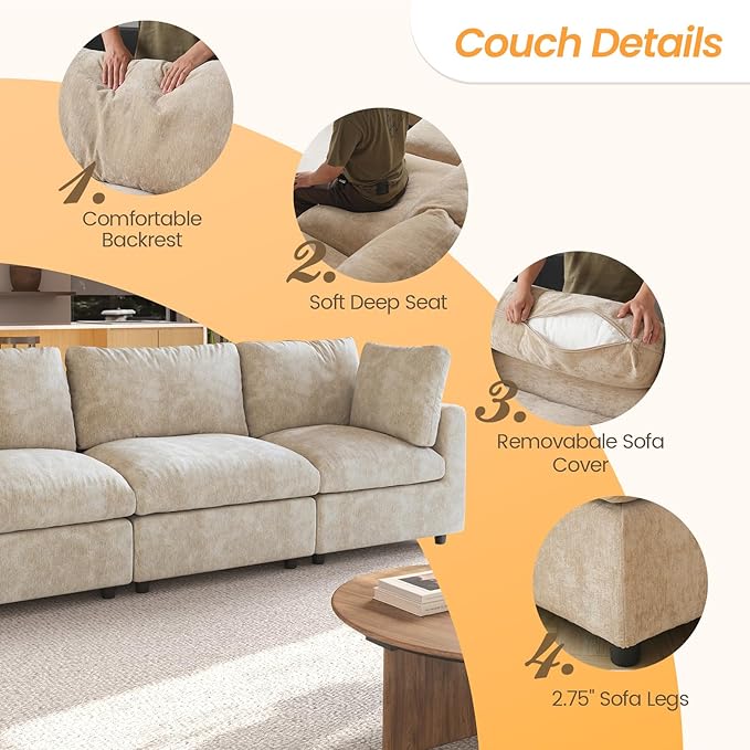 JACH V Shape Sectional Couches for Living Room, Deep Seat Convertible Modular Sofa, Cloud Sectional Couch, Sofa Covers Washable, Minimalist Couch for Living Room, Apartment, Khaki