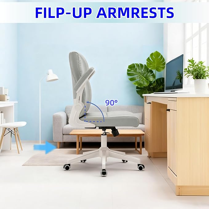Computer Chair, Ergonomic Home Office Desk Chair with Space Saving Flip-Up Arms, 360° Swivel & Reclining Back, High-Back Executive Chair in Soft Faux Leather Chair Multi-Angle from 90° to 135°（Gray）