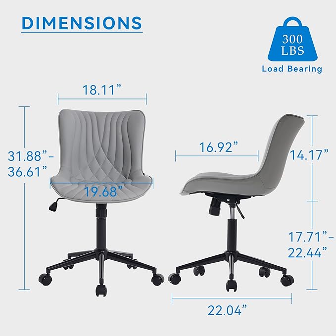 YOUNIKE Office Chair, Armless Desk Chair with Wheels, Adjustable Swivel Rolling Home Office Computer Task Chairs, Modern Faux Leather Upholstered Vanity Chair, Grey