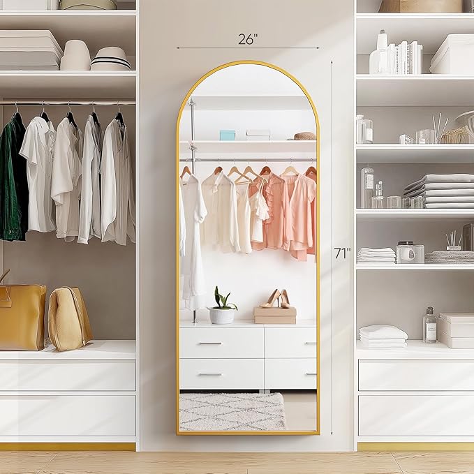 Arched Mirror Full Length, 71"x26" Body Mirrors with Shatter-Proof Glass, Mirror Full Length for Home Decor, Arch Aluminum Frame Mirrors for Bedroom Bathroom, Gold