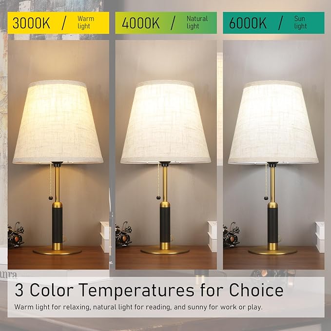 18.9" Bedside Lamps Set of 2 Small Vintage Table Lamp for Bedroom Nightstand Lamp for Living Room 3-Color Temperatures Pull Chain Wood Fabric for Home Office Dorm Decor (Light Brown+Brass)