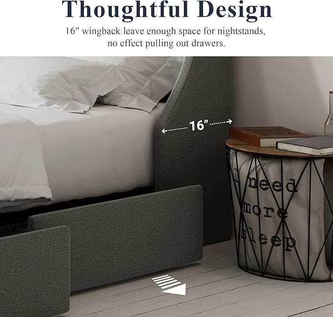 Allewie Full Size Bed Frame with 4 Storage Drawers and Wingback Headboard, Button Tufted Design, No Box Spring Needed, Light Grey