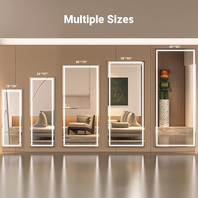 Full Length Mirror with Lights, 81" x 34" Large LED Lighted Floor Standing Body Mirror, Dimmable & 3 Color Lighting for Bedroom, Cloakroom, Dressing Room, Leaning & Hanging, Square Black