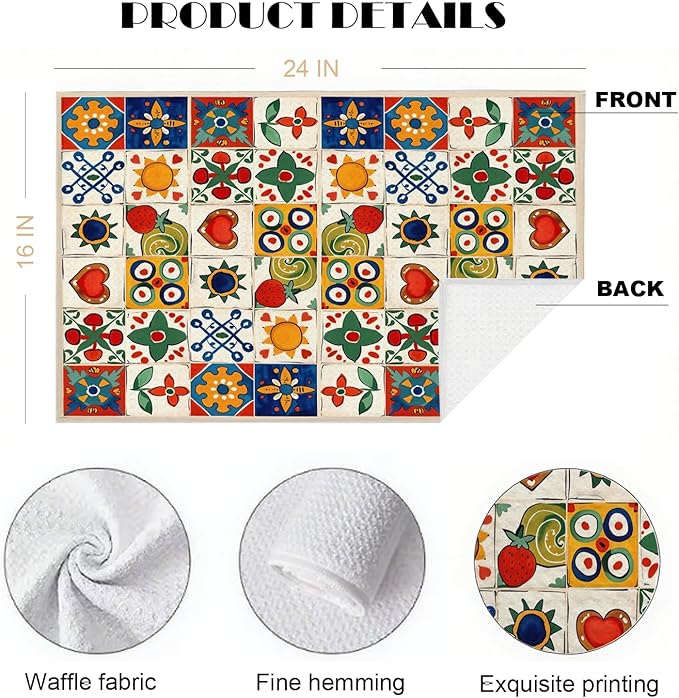 2-Pack Spanish Kitchen Towels, Mediterranean Colorful Tile Pattern Waffle Towels 16x24 Inch, Floral & Fruit Dish Towels Decor for Kitchen, Spanish Inspired Hand Towel for Bathroom Decor.