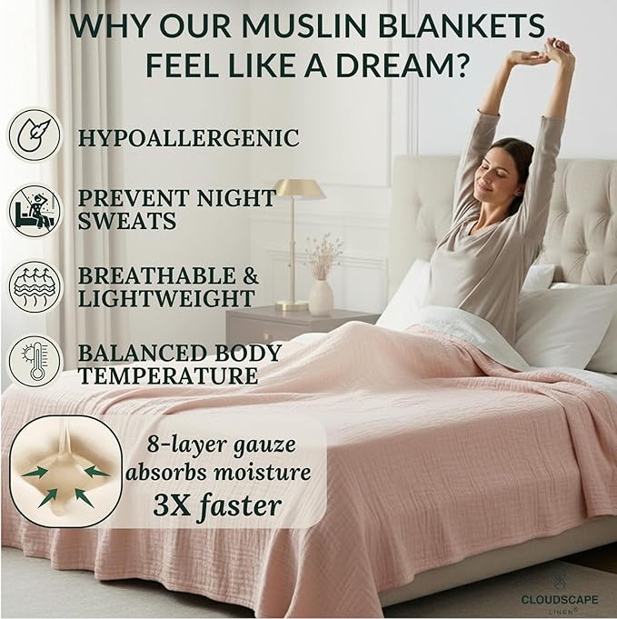 Cloud Scape Linen 8-Layer Muslin Blanket Queen Size - 100% Cotton, Soft and Breathable, Oversized Winter Blanket, Fits up to Full Size Bed, 92x92, Seashell Pink