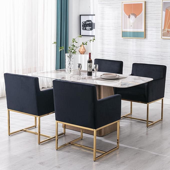 Set of 6 Upholstered Velvet Dining Chairs with Armrest, Mid Century Modern Accent Armchairs, Modern Kitchen & Dining Room Chairs with Gold Frame, Black