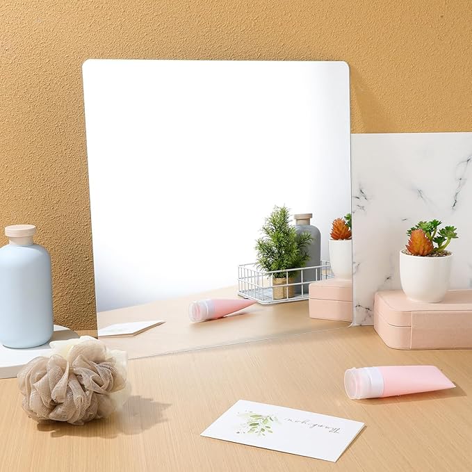 Cabilock 4 Pack Acrylic Mirror Tiles 16X16 Inch Self Adhesive Full Length Wall Mirrors with Rounded Corners Shatterproof Stick on Sheets for Bathroom Home Decor