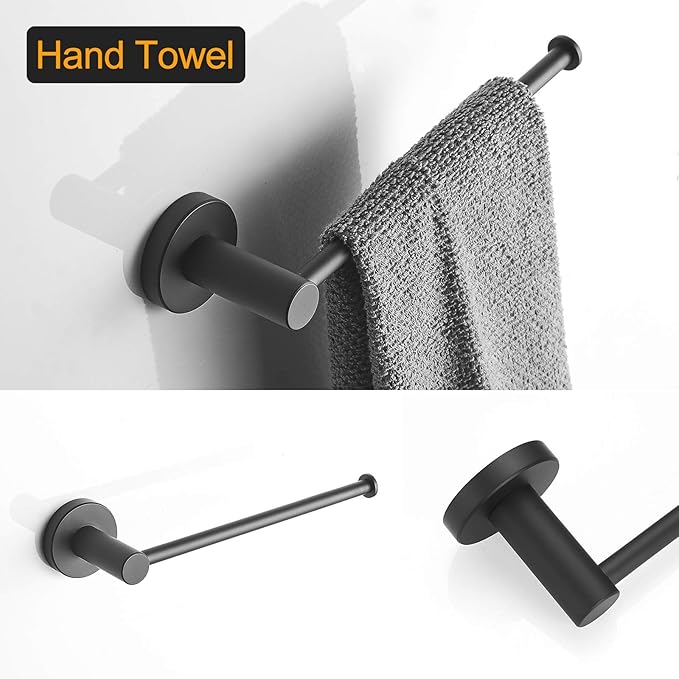 BESy 4 Piece Bathroom Accessories Set Hardware Set (Adjustable Double Towel Bar, Hand Towel Holder, Toilet Paper Holder, Towel Hook) Bath Fixtures Set Wall Mounted SUS304 Stainless Steel Matte Black