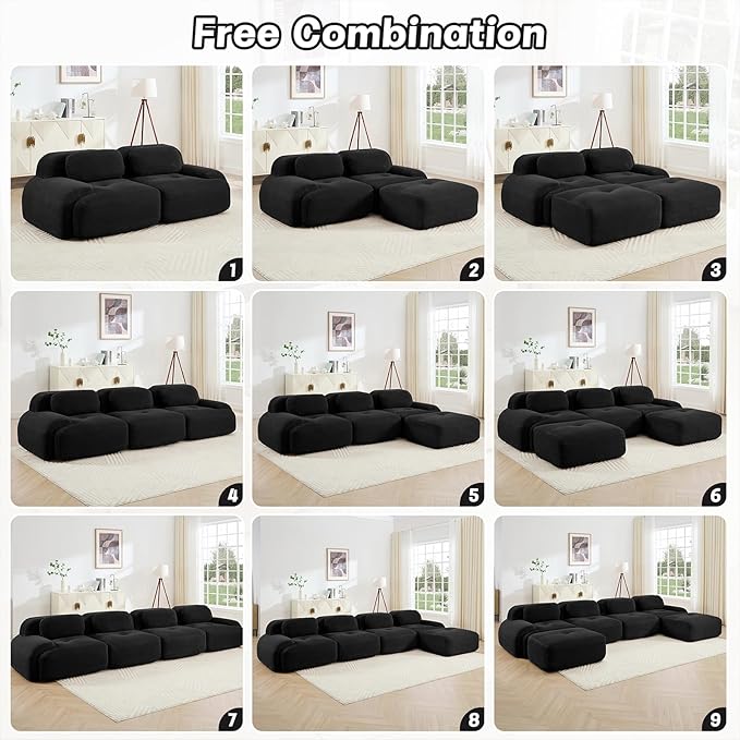 152" Modern Compressed Boneless Couch with Ottoman, 4 Seater Large L Shaped Sectional Couches for Living Room, Black Corduroy Cloud Modular Sectional Sofa, Memory Foam, Extra Deep, No Assembly
