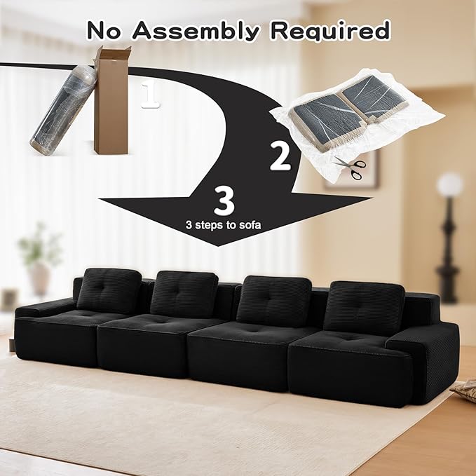 150" Modern Corduroy Cloud Sofa, Boneless Modular Large Sectional Couches for Living Room, Black 4 Seater Compressed Memory Foam Couch, Extra Deep Seat, No Assembly