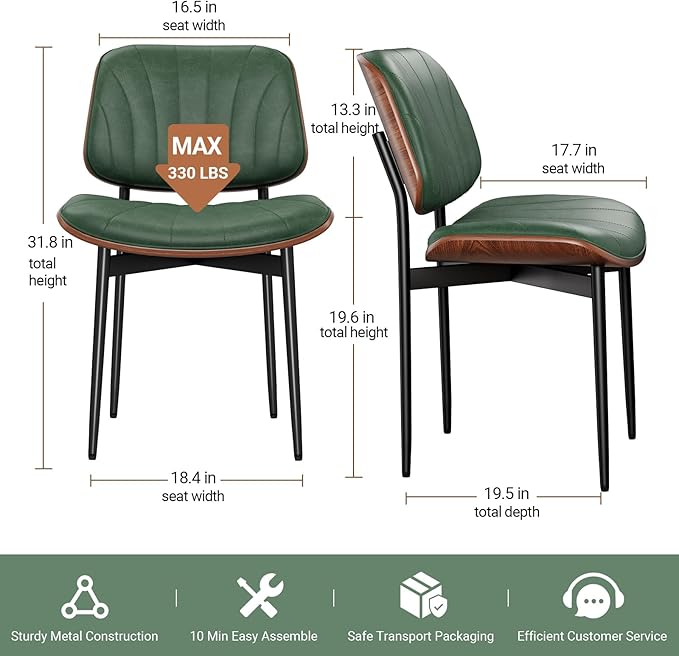 Dining Chairs Set of 6, Mid-Century Modern Upholstered PU Leather Chairs with Walnut Bentwood Back and Metal Legs Adjustable Feet for Kitchen Dining Room, Dark Green Shell Strips