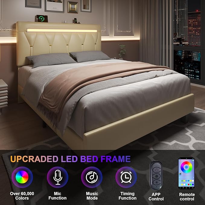 Full Size Bed Frame with Bluetooth Speaker, LED Lights and Charging Station, Faux Leather Linen Fabric Adjustable Headboard,Modern Upholstered Bed, Wood Slat Support, Easy Assemble, Beige