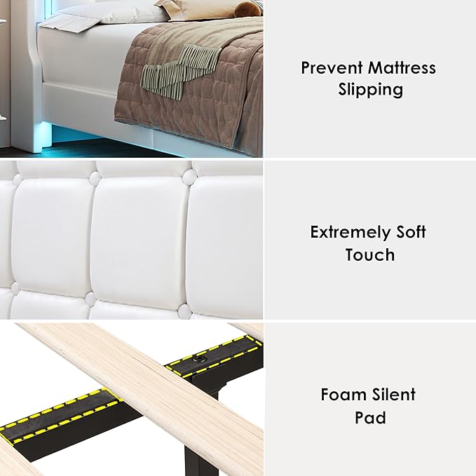 Keyluv Upholstered Twin Floating Bed Frame with LED Lights and Charging Station, Pu Leather Platform Bed with Button Tufted Storage Headboard, Type-C & USB Charging Ports, No Box Spring Needed, White
