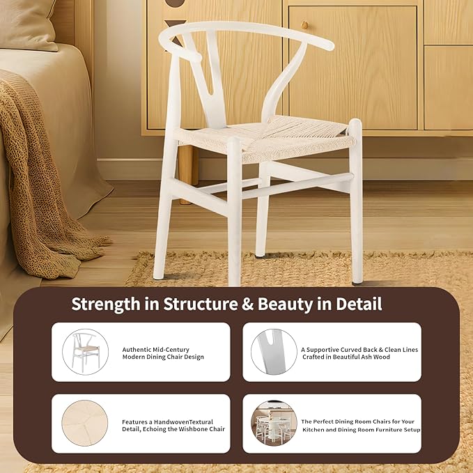 Tomile Wishbone Chair Y Chair, Wooden Dining Chairs, Mid Century Modern Chairs with Arms, Solid Wood Weave Seat Kitchen & Dining Room Chairs (Ash Wood - White)
