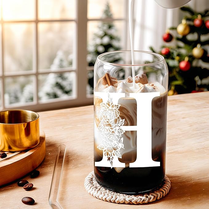 DWTS DANWEITESI Birthday Gifts for Women: Initial Glass Cup as Office Graduation Memorial Holiday Personalized Gifts - for Husband Aunt Uncle Teen Boy Employee Coworkers Him and Her - H Aesthetic Cup
