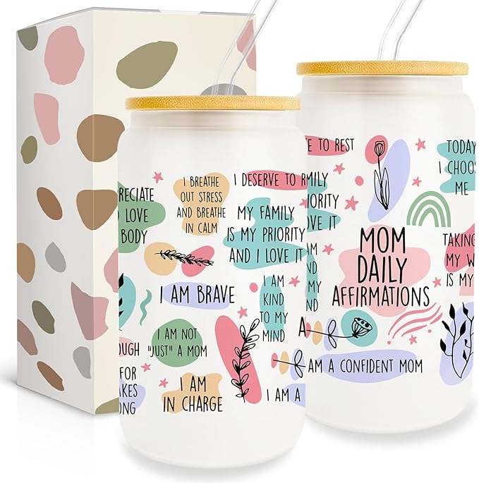 Mom Gifts from Daughter Son, Gifts for Mother Birthday, Gifts for Mom 16oz Glass Cup with Lid and Straw, Thank You Mom Gift Ideas, Delicate Mom Thanksgiving Christmas Gifts