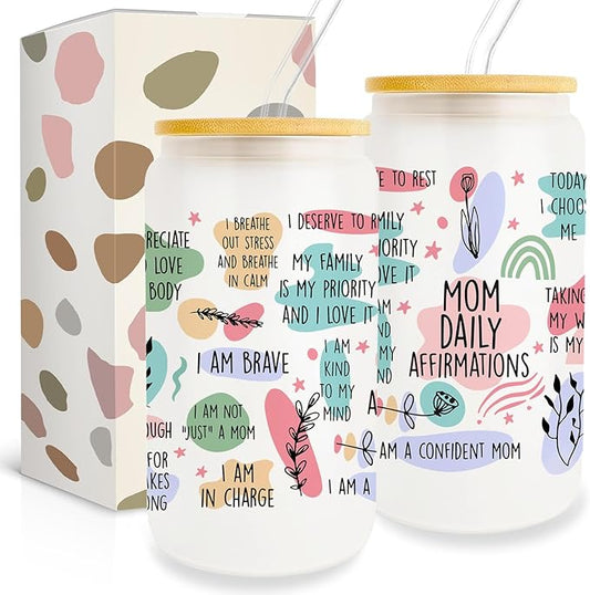 Mom Gifts from Daughter Son, Gifts for Mother Birthday, Gifts for Mom 16oz Glass Cup with Lid and Straw, Thank You Mom Gift Ideas, Delicate Mom Thanksgiving Christmas Gifts