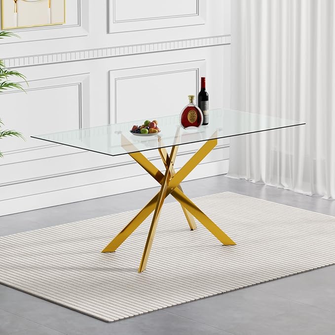Goujxcy 5 Piece Glass Dining Table Set Modern Glass Dining Table Set for 4, 51" Rectangular Kitchen Table and 4 Velvet Upholstered Chairs for Kitchen Dining Room, Gold Table & Beige Chair
