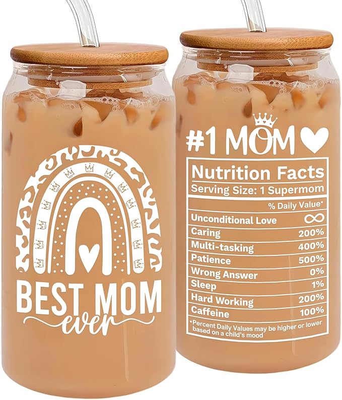 HEXMOZ Gifts for Mom from Daughter, Son, Kids - First Christmas Moms Gift for New Moms, Wife, Mama from Husband - Christmas Mom Gifts for Wife, Her - 16oz Glass Drinking Cup with Straw Gift Box