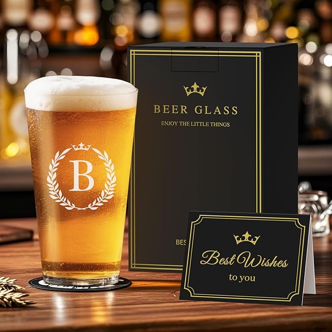 Personalized Beer Glasses Gifts for Men, 16 oz Pint Glasses Monogrammed A-Z Drinking Glass Cups Customized Gift, Unique Christmas Anniversary Birthday Gifts for Men Him Dad Brother Husband Grandpa (B)