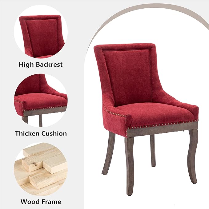 Farmhouse Dining Chairs Set of 4, Upholstered Fabric Dining Room Accent Chairs with Wood Legs & Bronze Nailhead, High Wingback Kitchen Chairs for Living Room Hotel Apartment, Burgundy