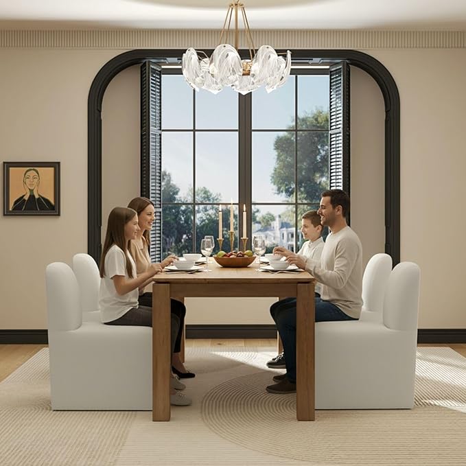 White Upholstered Chenille Dining Chairs Set of 6, Mid Century Modern Dining Room Chairs with Deep Seat & Curved Back, Armless Side Chair Comfy Kitchen Chairs for Living Room/Kitchen