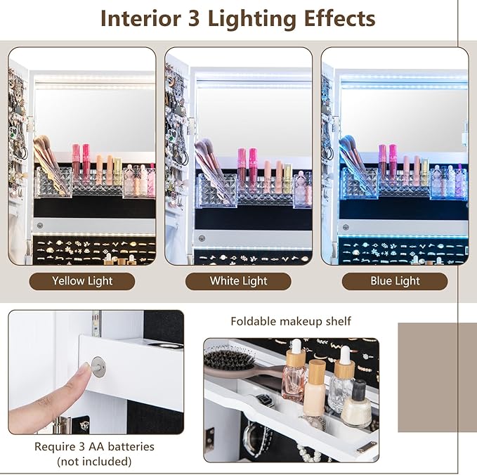 GOFLAME Standing Jewelry Cabinet Armoire with Wheels, Lockable Jewelry Storage Organizer with Full Length Mirror, 3-Color LED Lights, Interior Makeup Mirror, Jewelry Armoire for Bedroom (White)