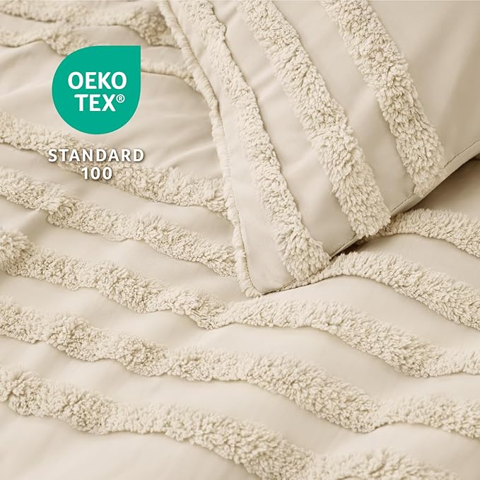 BEDELITE Boho Comforter Set Queen Size, Beige Tufted Striped Bed Set 3 Pieces, Soft Vintage Farmhouse Comforter for All Seasons, Boho Home Decor,Fluffy Jacquard Bedding with 2 Pillow Shams
