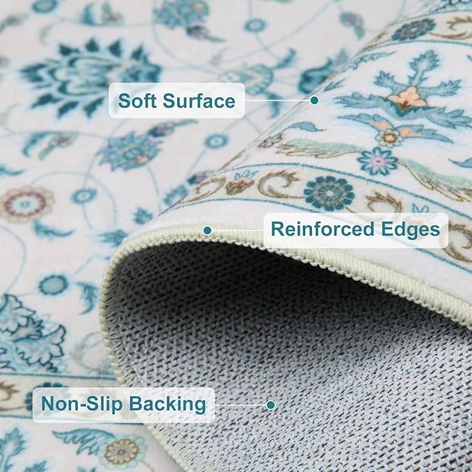 WILLSUN Washable Area Rugs, 2x3 Non-Slip Boho Small Area Rugs for Entryway, Kitchen, Bathroom, Machine Washable Vintage Rug, Indoor Floral Print Carpet for Home Decor, Kid & Pet Friendly Mat
