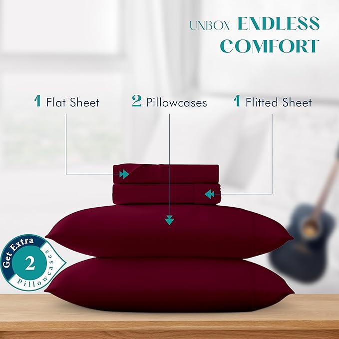 XOOX Linen 100% Egyptian Cotton Sheets King Size - 1200 Thread Count King Size Sheets Set Egyptian Cotton, 4 PC Luxury Bedsheet (Burgundy), Soft, Cooling, 17" Deep Pocket Sateen Weave Bedsheet Set
