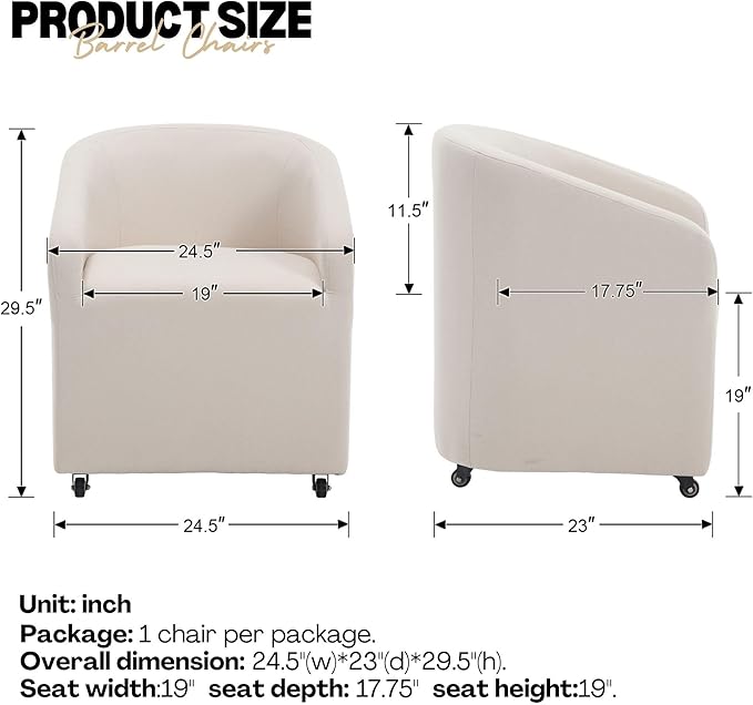 Modern White Upholstered Dining Chairs with Swivel Casters, Linen Barrel Back Accent Side Chair for Dining Room Living Room, Beige