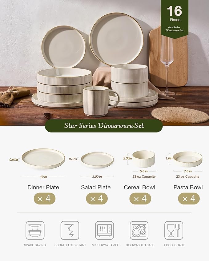 Famiware Star Dinnerware Set with Pasta Bowls, Service for 4 (16pcs), Ribbed Stoneware Plates and Bowls Dishes Sets with Trim - Chip & Scratch Resistant, Microwave & Dishwasher Safe, White