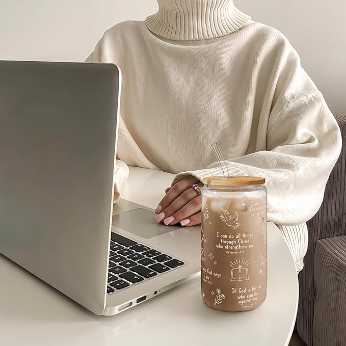 SANDJEST Christian Glass Can, I am Child of God Cup with Lid & Straw, Iced Coffee Aesthetic Cups, Idea Gift for Christmas Birthday, Gifts for Women, 16oz