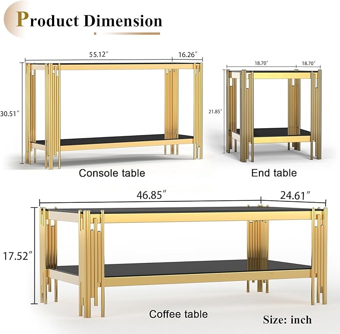 Glass Gold Coffee Table Set of 2,Modern Rectangle Coffee Table and Console Table w/Storage,Glass Coffee Table Set with Steel Frame,2 Pieces Living Room Table Set for Apartment Home Office
