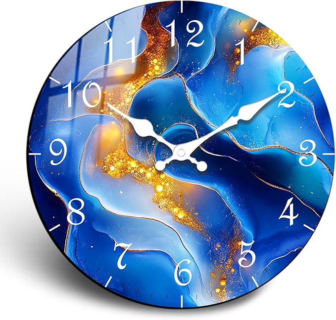 Large Wall Decor Modern Wooden Clock – Marble Texture Design Blue Wall-Clocks Battery Operated Silent Movement 16 Inch for Hallway