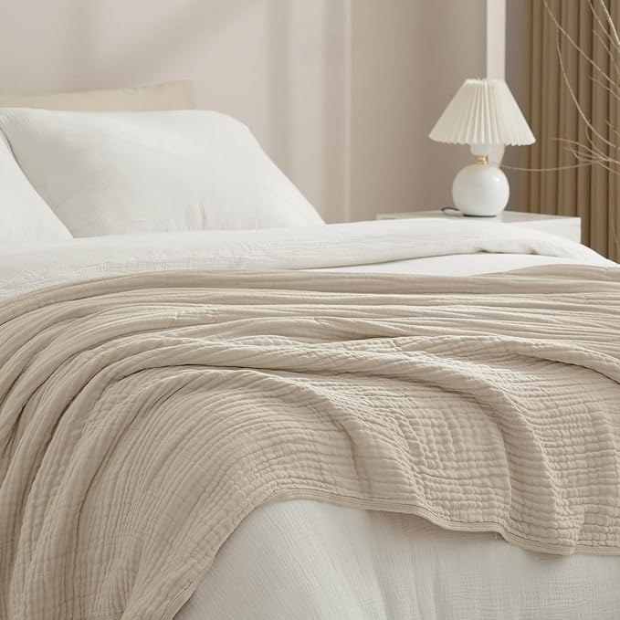 PHF Cooling Muslin Blanket Queen Size 90"x80", 6-Layer Lightweight Gauze Blanket Made from 35% Rayon Derived from Bamboo & 65% Cotton, Breathable & Ultra Soft Cozy, Aesthetic Home Decor, French Oak